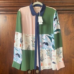 Tory Burch Patchwork Long-Sleeve Button-Down Silk Shirt